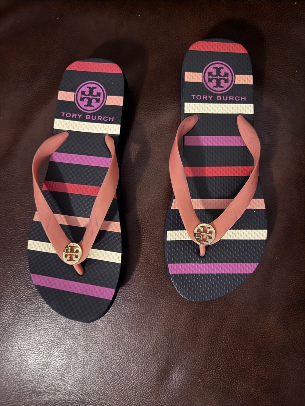 Tory Burch Flip Flops Women’s 9 9.5 Pink Black Striped Logo Sandals